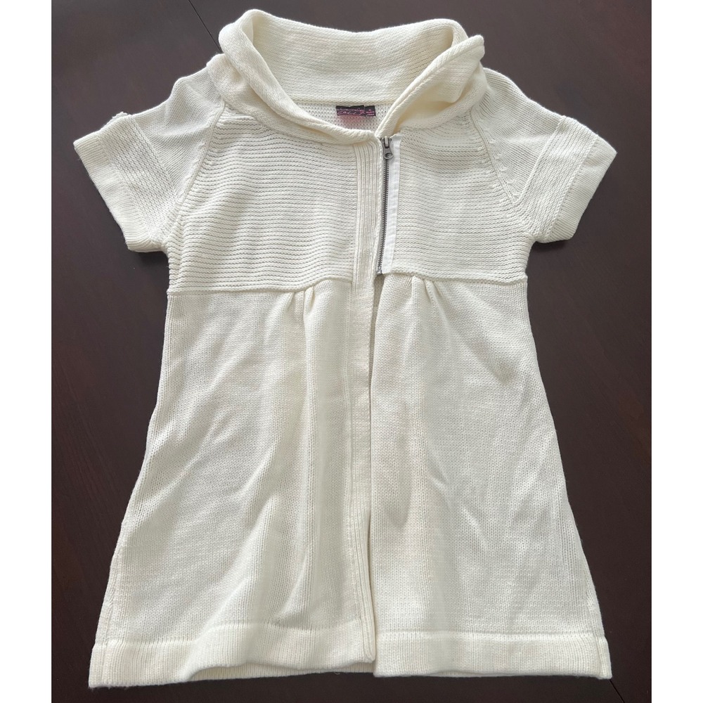 Take Out Women Cream Knit Short Sleeve Hooded Cardigan Zip Front Empire Waist XL